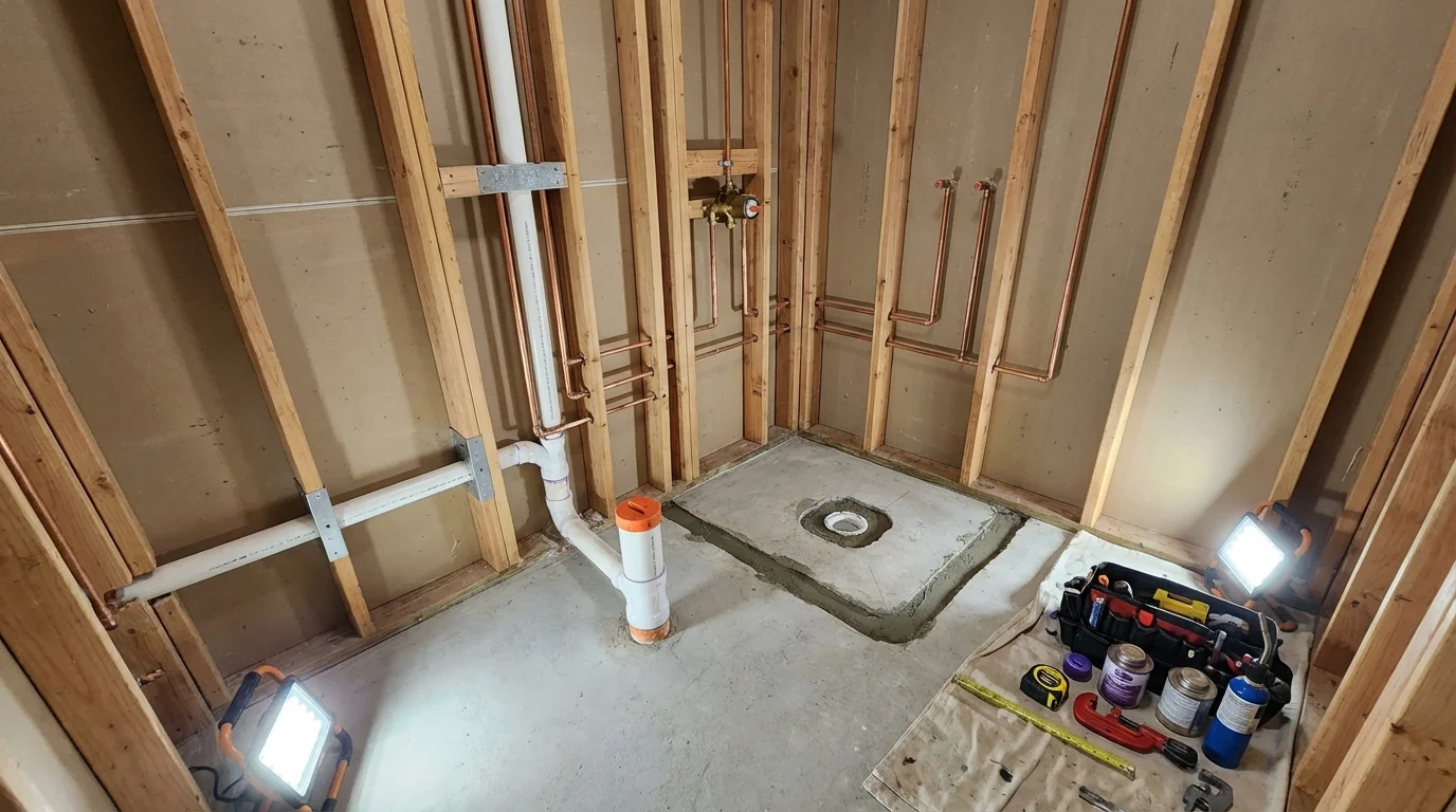 Bathroom rough-in plumbing during remodel by Johns Plumbing LLC in Westville