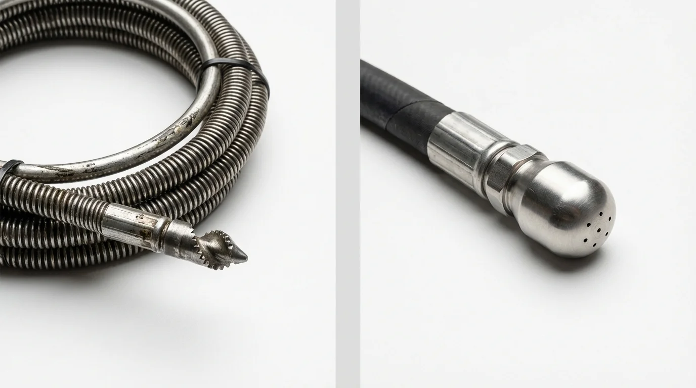Drain snake cable and hydro jetting nozzle used for drain cleaning in Westville, IN