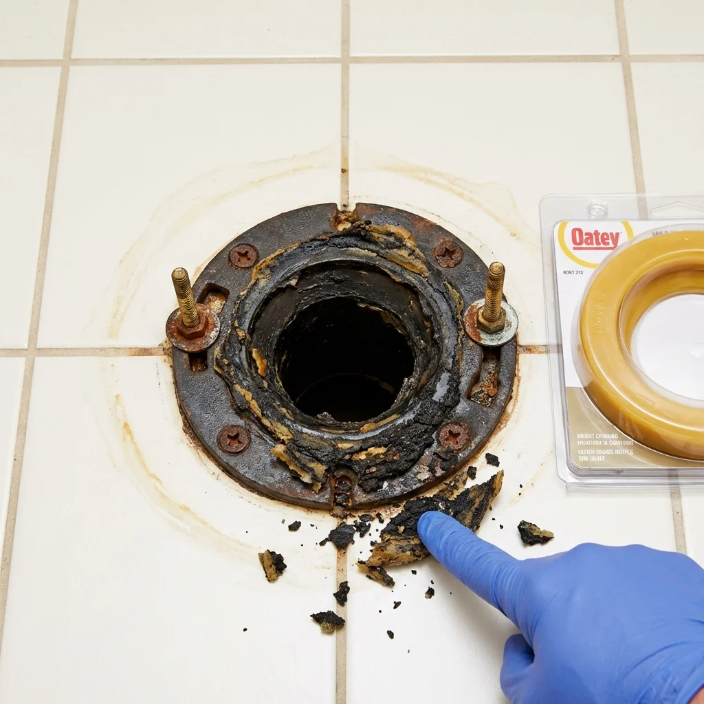 Failed wax ring showing water seepage at the base of a toilet in a Westville, IN home