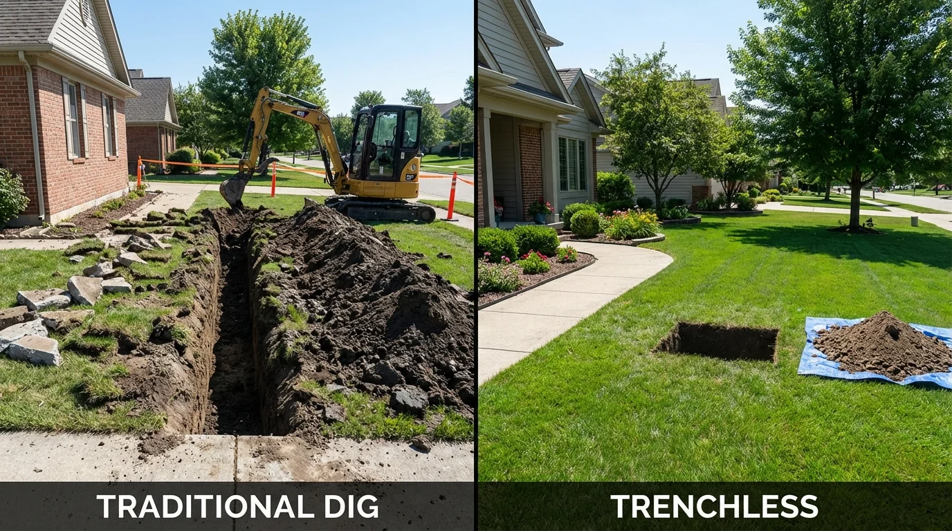 Trenchless sewer repair with minimal yard damage versus traditional excavation in Westville, IN