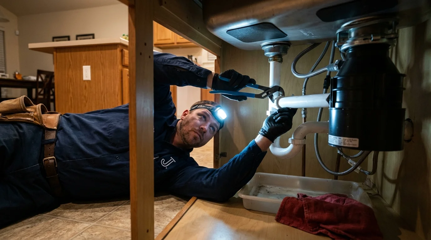 P-trap and supply line connections under a kitchen sink showing a common leak point in Westville, IN